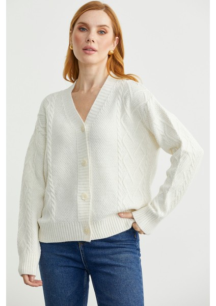 Oversize Düğmeli Triko Hırka - Kemik fırsatları