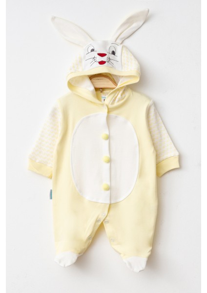 Tavşan Kostüm Önden Açık Kapşonlu Bebek Tulumu Romper %100 Pamuk ( Arkası Ponponlu )