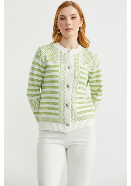 Metal Düğmeli Çizgili Yünlü Triko Hırka - Kemik