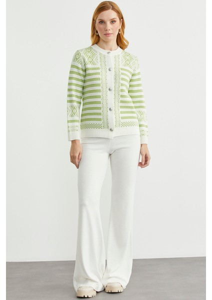 Metal Düğmeli Çizgili Yünlü Triko Hırka - Kemik fiyatları