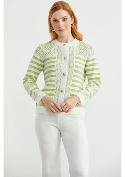 Metal Düğmeli Çizgili Yünlü Triko Hırka - Kemik modelleri