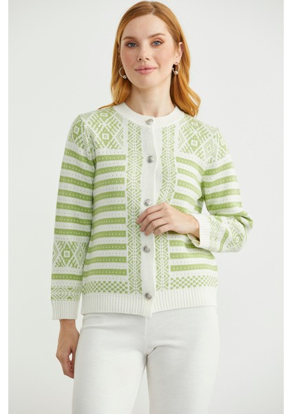 Metal Düğmeli Çizgili Yünlü Triko Hırka - Kemik fırsatları