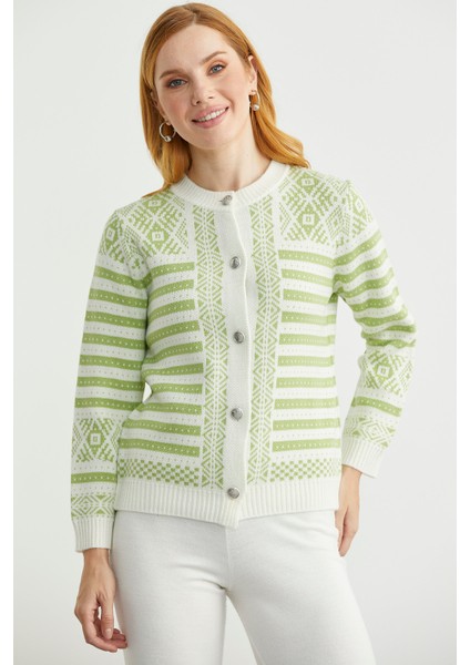 Metal Düğmeli Çizgili Yünlü Triko Hırka - Kemik indirimleri