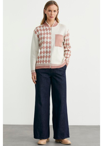 Fermuarlı Baklava Motifli Triko Hırka - Gül fiyatları