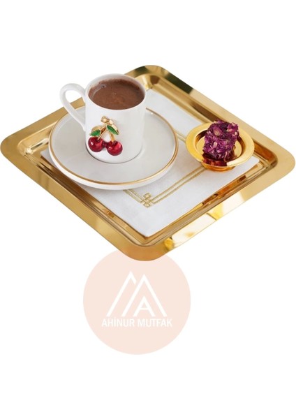 6 Adet Parlak Çift Taraflı Gold Altın Kare Paslanmaz Çelik Kahve Servis Sunum Tepsi (21X21CM) fiyatları