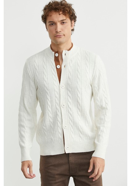 Düğmeli Saç Örgü Triko Hırka - Kemik