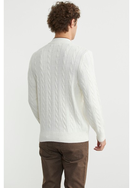 Düğmeli Saç Örgü Triko Hırka - Kemik indirimleri