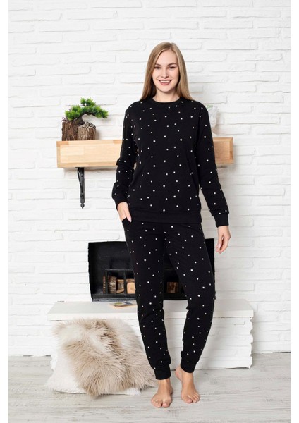 Kadın Bisiklet Yaka Düğmesiz Bilek Manşet/lastikli 2 Iplik Cepli Kışlık Jogger Eşofman Pijama Takımı fırsatları