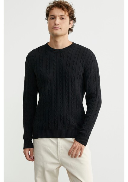 Pamuklu Saç Örgü Detaylı Triko Kazak - Siyah