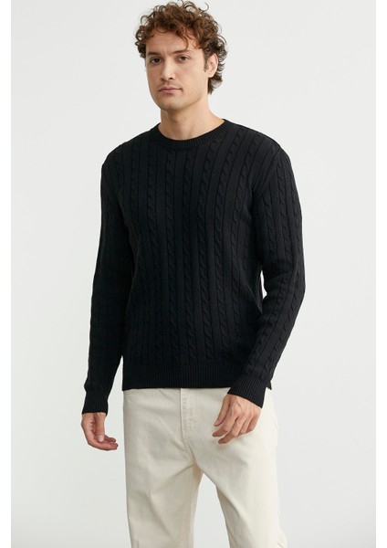 Pamuklu Saç Örgü Detaylı Triko Kazak - Siyah fırsatları