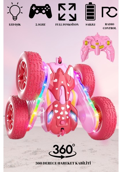 Uzaktan Kumandalı Araba 4x4 Akrobatik LED Işıklı Sarj Edilebilir 2.4ghz Pembe