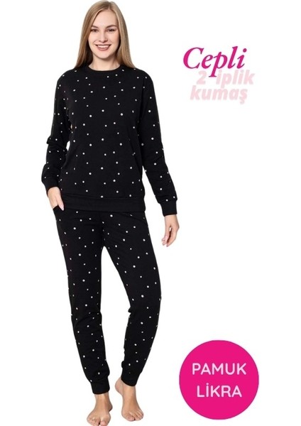 Kadın Bisiklet Yaka Düğmesiz Bilek Manşet/lastikli 2 Iplik Cepli Kışlık Pamuk Jogger Eşofman Pijama Takımı