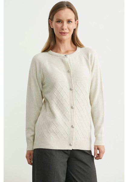 Bisiklet Yaka Motifli Triko Hırka - Taş