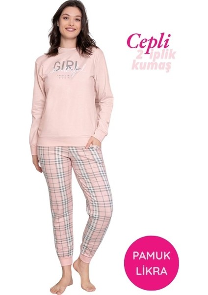 Kadın Bisiklet Yaka Düğmesiz Bilek Manşet/lastikli 2 Iplik Cepli Kışlık Pamuk Jogger Eşofman Pijama Takımı