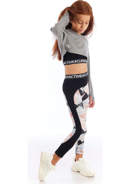Kız Çocuk Gri-Siyah Geometrik Desenli, Esnek ve Rahat Dar Paça Tayt – Modern Romance Koleksiyonu