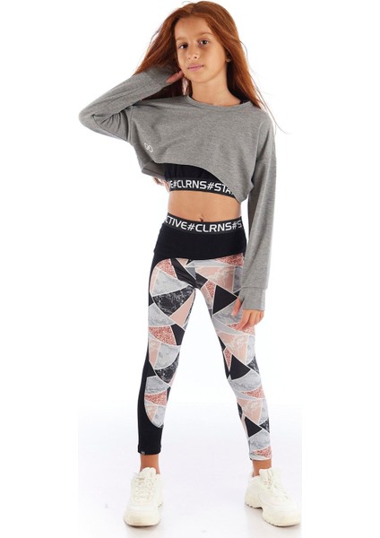 Kız Çocuk Gri-Siyah Geometrik Desenli, Esnek ve Rahat Dar Paça Tayt – Modern Romance Koleksiyonu