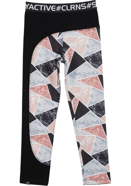 Kız Çocuk Gri-Siyah Geometrik Desenli, Esnek ve Rahat Dar Paça Tayt – Modern Romance Koleksiyonu