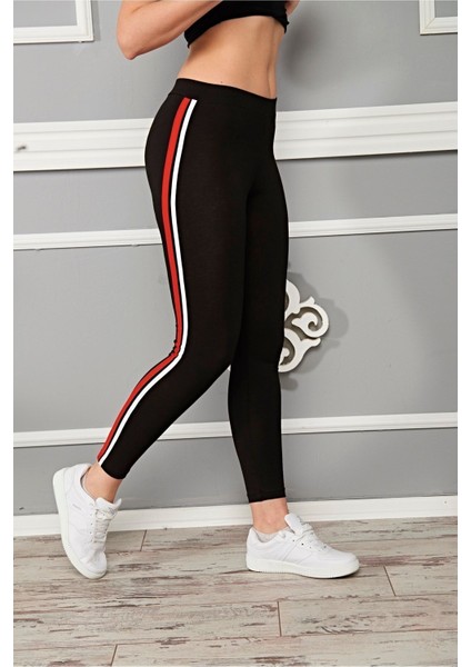 FSM 1453 Kadın Siyah-Kırmızı Şeritli Bilek Boy Pamuklu Elastan Tayt – Günlük ve Rahat Kullanım İçin fırsatları