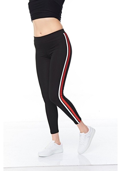 FSM 1453 Kadın Siyah-Kırmızı Şeritli Bilek Boy Pamuklu Elastan Tayt – Günlük ve Rahat Kullanım İçin indirimleri