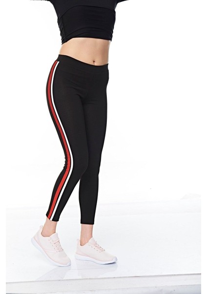 FSM 1453 Kadın Siyah-Kırmızı Şeritli Bilek Boy Pamuklu Elastan Tayt – Günlük ve Rahat Kullanım İçin