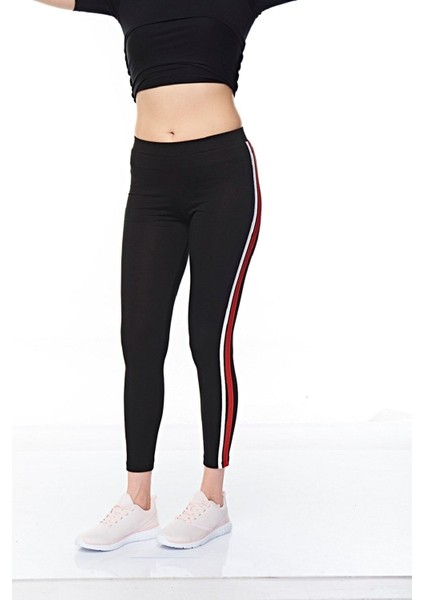 FSM 1453 Kadın Siyah-Kırmızı Şeritli Bilek Boy Pamuklu Elastan Tayt – Günlük ve Rahat Kullanım İçin