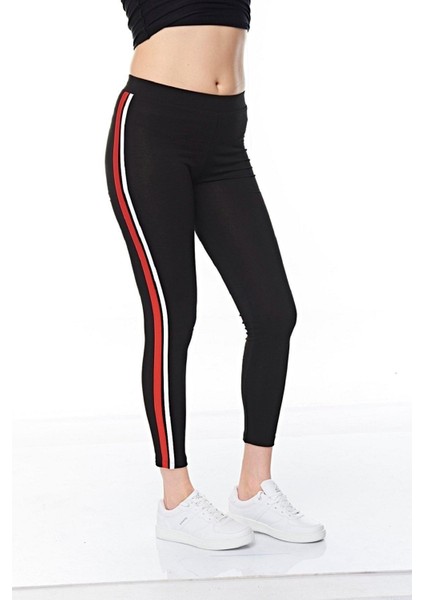 FSM 1453 Kadın Siyah-Kırmızı Şeritli Bilek Boy Pamuklu Elastan Tayt – Günlük ve Rahat Kullanım İçin