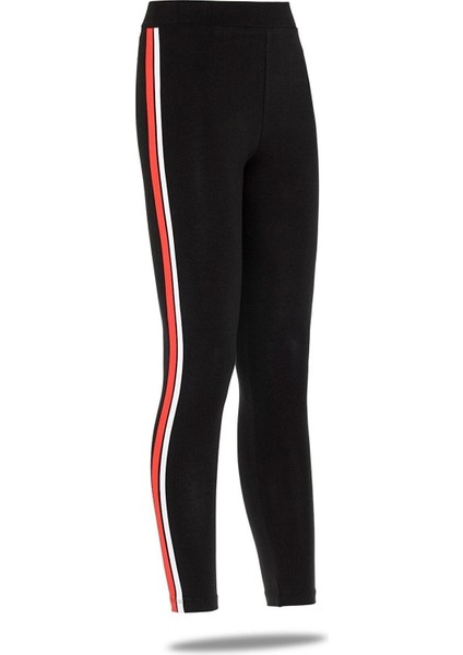 FSM 1453 Kadın Siyah-Kırmızı Şeritli Bilek Boy Pamuklu Elastan Tayt – Günlük ve Rahat Kullanım İçin