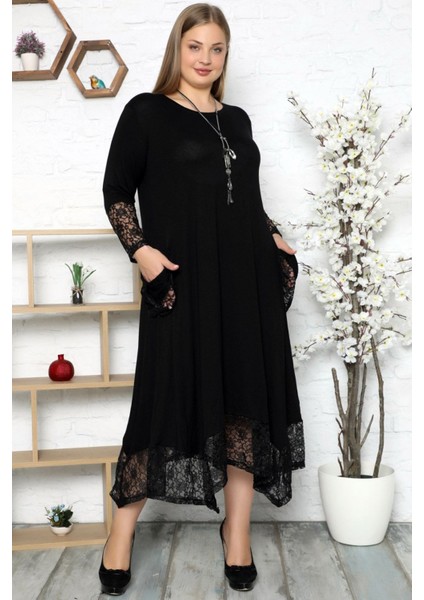 Kol ve Etek Ucu Dantel Detaylı Uzun Kol Abiye Elbise Özel Günler ve Davetler İçin Zarif Tasarım
