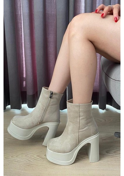 Kadın Krem Süet 12 cm Platform Topuklu Fermuarlı Bot fırsatları