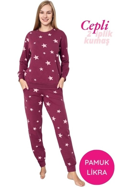 Kadın Bisiklet Yaka Düğmesiz Bilek Manşet/lastikli 2 Iplik Cepli Kışlık Pamuk Jogger Eşofman Pijama Takımı