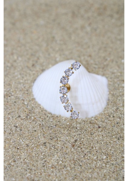 Piercing Cerrahi Çelik Piercing Zirkon Taşlı Kıkırdak Tragus Conch Helix Gold Renk Sıralı Yedi Taş