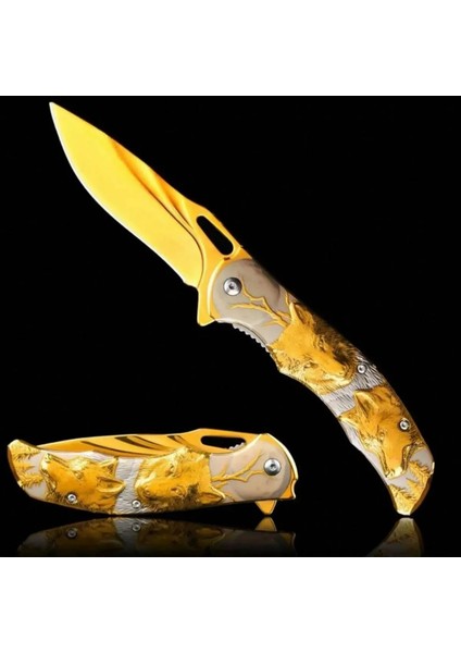 Sibirya Kamp Çakısı Kurt Desenli Altın Renk