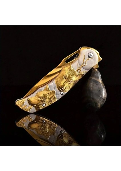 Sibirya Kamp Çakısı Kurt Desenli Altın Renk fiyatları