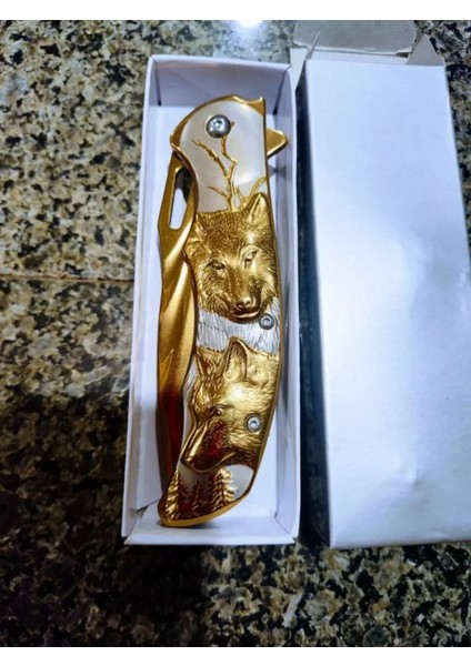 Sibirya Kamp Çakısı Kurt Desenli Altın Renk modelleri