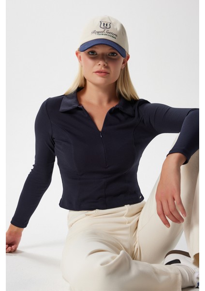 Kadın Evan Polo Yaka Lacivert Fermuarlı Pamuk Basic Bluz