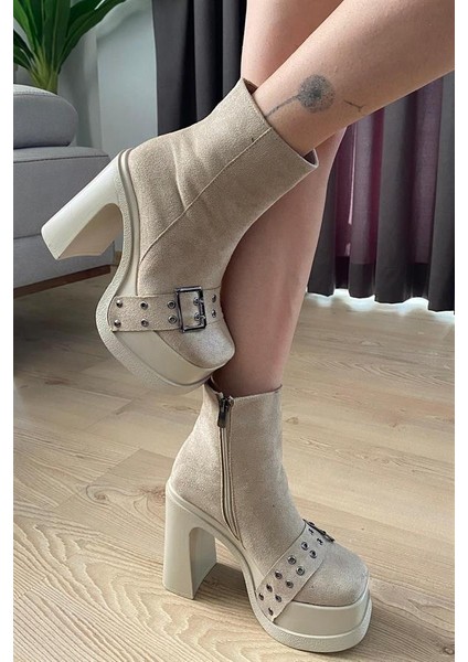 Kadın Kırem Süet Toka Detaylı 12 cm Platform Topuklu Fermuarlı Bot