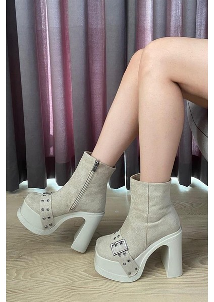 Kadın Kırem Süet Toka Detaylı 12 cm Platform Topuklu Fermuarlı Bot indirimleri