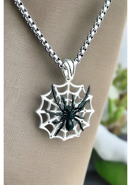 Gümüş Kaplama Krom-Çelik Erkek Kolyesi Ağ Üzerinde Örümcek Madalyon