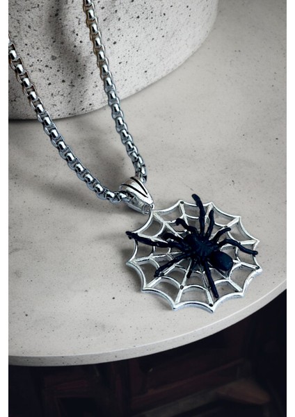 Gümüş Kaplama Krom-Çelik Erkek Kolyesi Ağ Üzerinde Örümcek Madalyon fırsatları