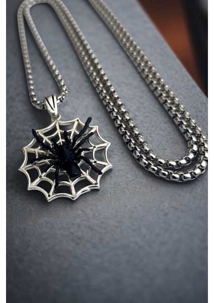 Gümüş Kaplama Krom-Çelik Erkek Kolyesi Ağ Üzerinde Örümcek Madalyon indirimleri