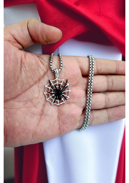 Gümüş Kaplama Krom-Çelik Erkek Kolyesi Ağ Üzerinde Örümcek Madalyon