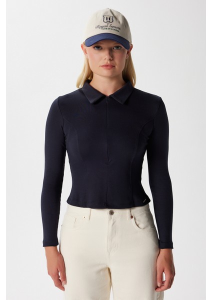 Kadın Evan Polo Yaka Lacivert Fermuarlı Pamuk Basic Bluz modelleri