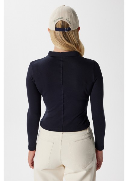 Kadın Evan Polo Yaka Lacivert Fermuarlı Pamuk Basic Bluz indirimleri