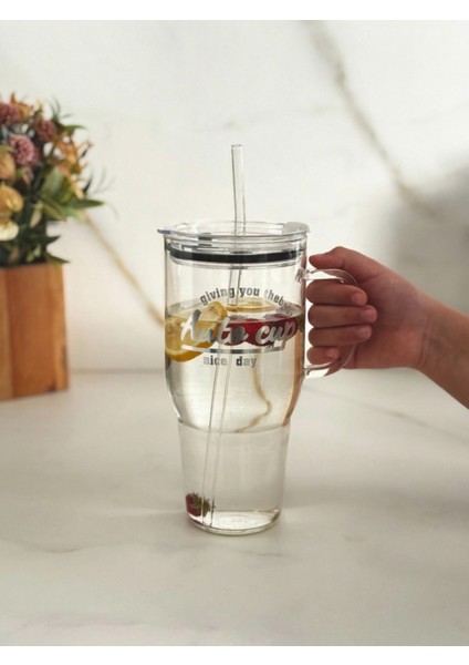 Mika Kapaklı Cam Pipetli Yazılı Cam Termos/bardak 1200 ml