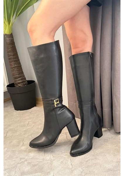 Kadın Siyah Tokalı Yandan Fermuarlı Diz Altı Cizme fırsatları