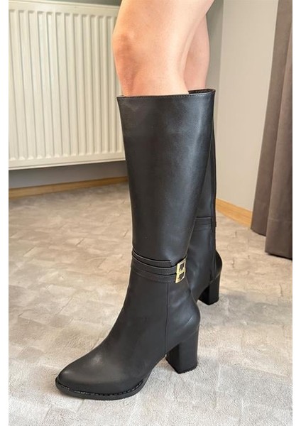 Kadın Siyah Tokalı Yandan Fermuarlı Diz Altı Cizme indirimleri