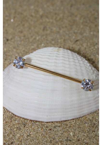 Piercing Köprü Piercing Cerrahi Çelik Zirkon Taşlı Gold Renk Industrial Köprü Taş Çapı 6 mm