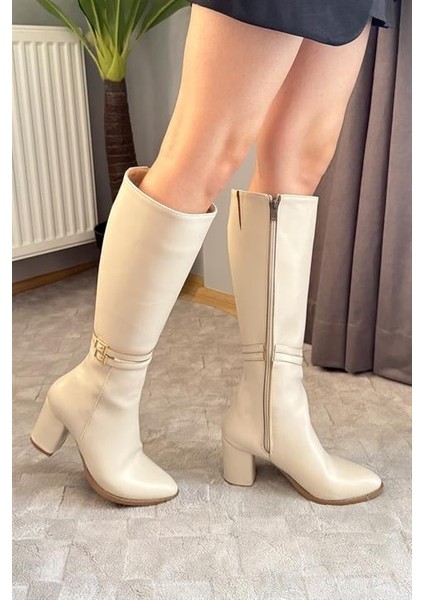 Kadın Krem Tokalı Yandan Fermuarlı Diz Altı Cizme