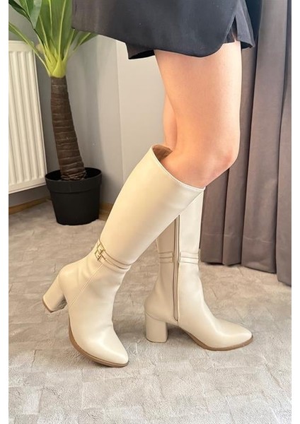 Kadın Krem Tokalı Yandan Fermuarlı Diz Altı Cizme fiyatları
