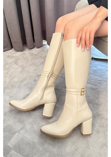 Kadın Krem Tokalı Yandan Fermuarlı Diz Altı Cizme modelleri